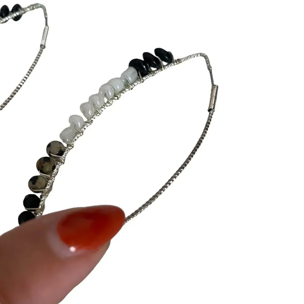 Rare Beaded teardrop Hoop Silver Earrings with pearl at the end